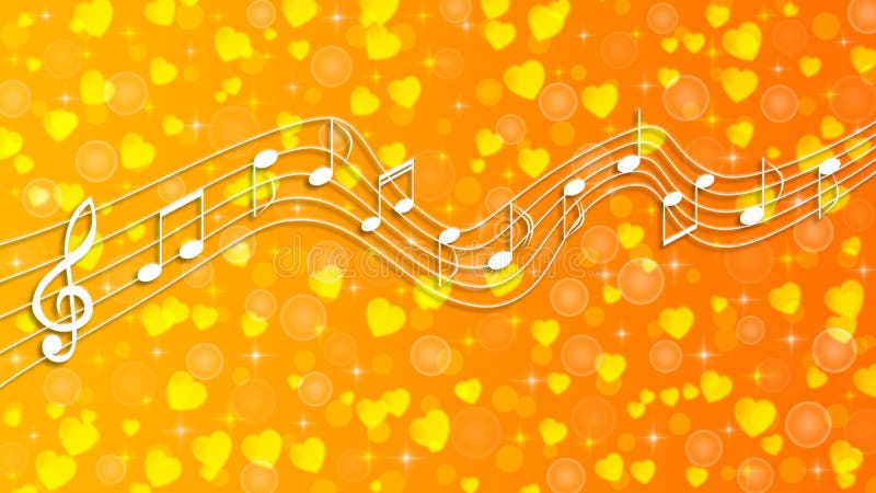 Białe notatki muzyczne, bąbelki, iskry i serca w tle gradientu żółtego i pomarańczowego