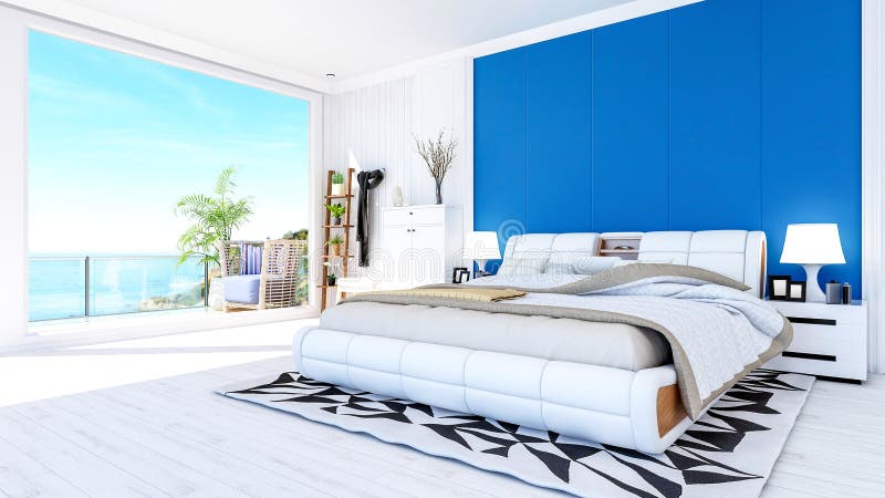 Białe nowoczesne wnętrze sypialni współczesnej w kolorze niebiesko-białym z tarasem 3d