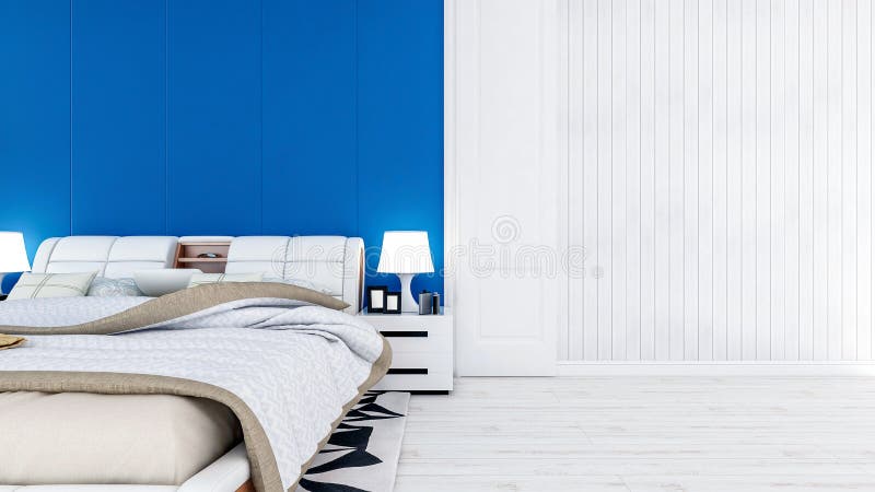 Białe nowoczesne wnętrze sypialni współczesnej z pustą przestrzenią na ścianie i podłodze renderowanie 3d