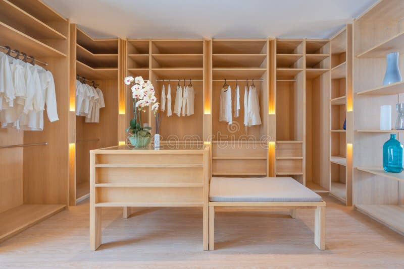 White woman clothes in wooden wardrobe or the closet interior home decoration architecture of modern living contemporary. White woman clothes in wooden wardrobe or the closet interior home decoration architecture of modern living contemporary