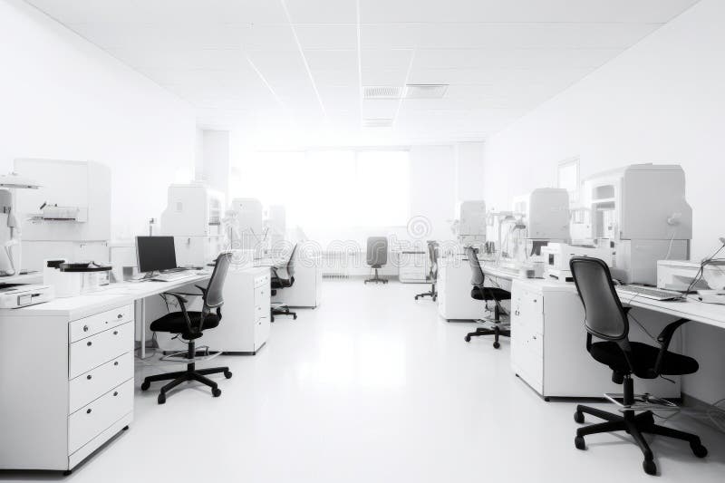 Białe ściany laboratorium badań nad nowoczesnym oprogramowaniem i nowoczesne wnętrze. Nowoczesne wnętrze biurowe royalty ilustracja