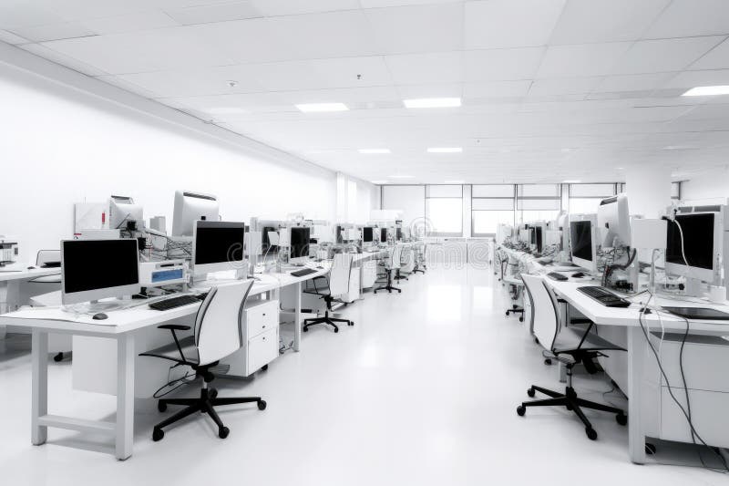 Białe ściany laboratorium badań nad nowoczesnym oprogramowaniem i nowoczesne wnętrze. Nowoczesne wnętrze biurowe ilustracji