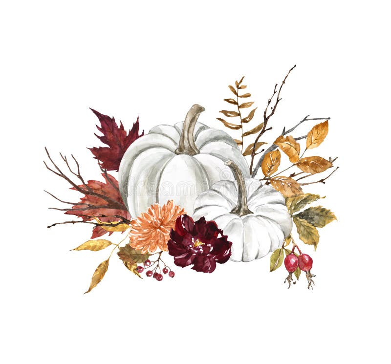 Białej dyni kompozycja ręcznie malowana ilustracja. dekoracja jesienna z liśćmi pastel dyni z kwiatów burgundii