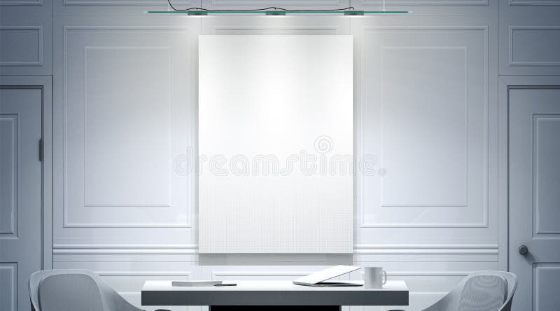 Biały biurowy wnętrze z pustym plakatowym mockup na ścianie zdjęcie stock Biały biurowy wnętrze z pustym plakatowym mockup na ścianie zdjęcie stock