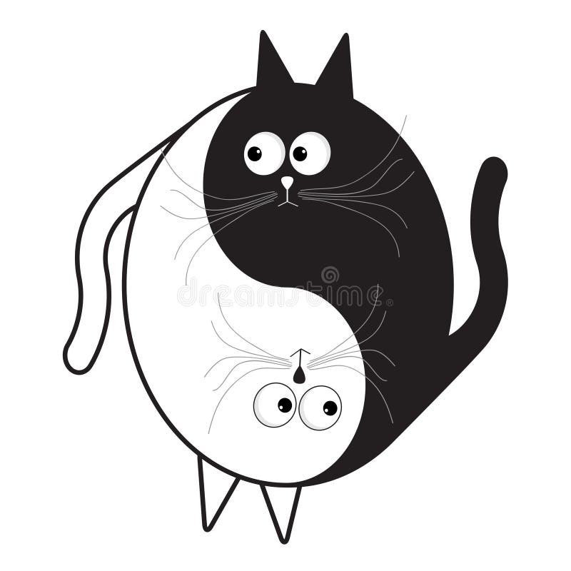 White and black cute funny cartoon cat. Yin Yang sign icon. Feng shui symbol. Isolated Flat design style Vector illustration. White and black cute funny cartoon cat. Yin Yang sign icon. Feng shui symbol. Isolated Flat design style Vector illustration