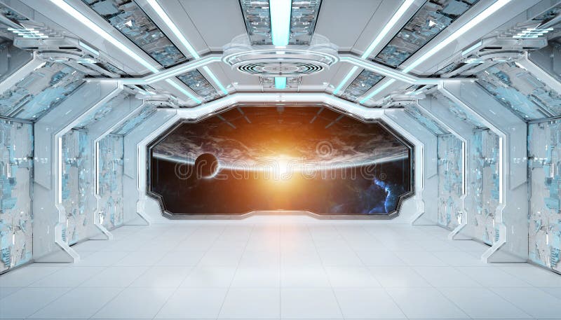 Biały niebieski statek kosmiczny futurystyczne wnętrze z widokiem na okno na planecie Ziemia 3d renderowanie