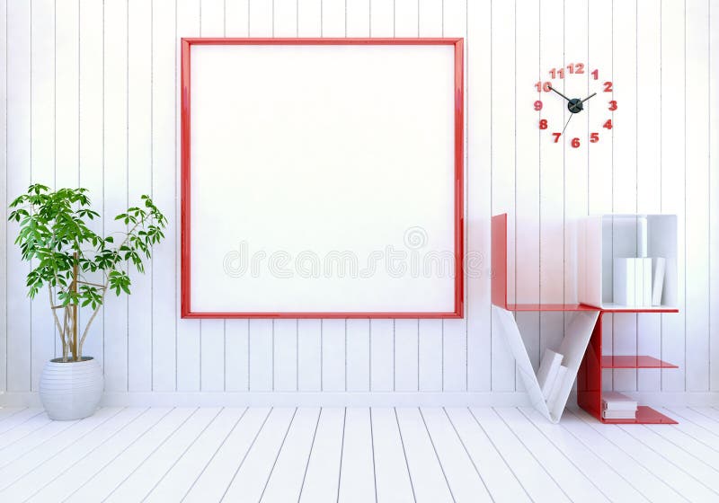 Biały nowożytny izbowy wnętrze z pustą fotografii ramą na ścianie i słowo Kochamy książkową półkę dla walentynki ` s dnia