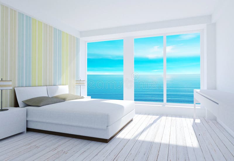 Biały nowożytny loft sypialni wnętrze z dennym widokiem