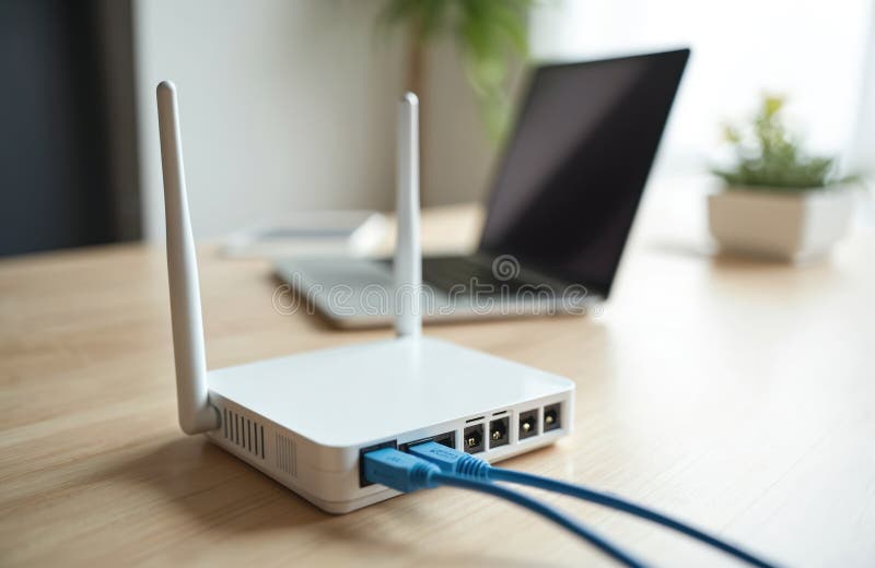 Biały router z antenami na drewnianym stole. Komputer z niewyraźnym tłem. Nowoczesna konfiguracja domowego biura szybki internet. royalty ilustracja