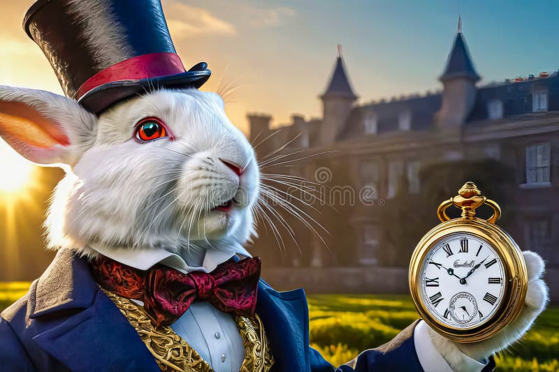 White crazy rabbit with a pocket watch from the fairy tale Alice in Wonderland. AI generated. White crazy rabbit with a pocket watch from the fairy tale Alice in Wonderland. AI generated