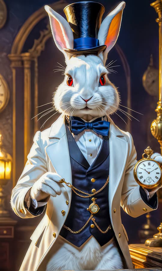 White crazy rabbit with a pocket watch from the fairy tale Alice in Wonderland. AI generated. White crazy rabbit with a pocket watch from the fairy tale Alice in Wonderland. AI generated