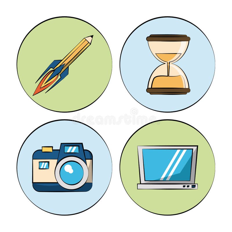 Biały tło z kolorowymi okręgami z marketingowymi ikonami jak fotografii kamera, piasek rakieta, zegar i laptop ołówek i ilustracja wektor