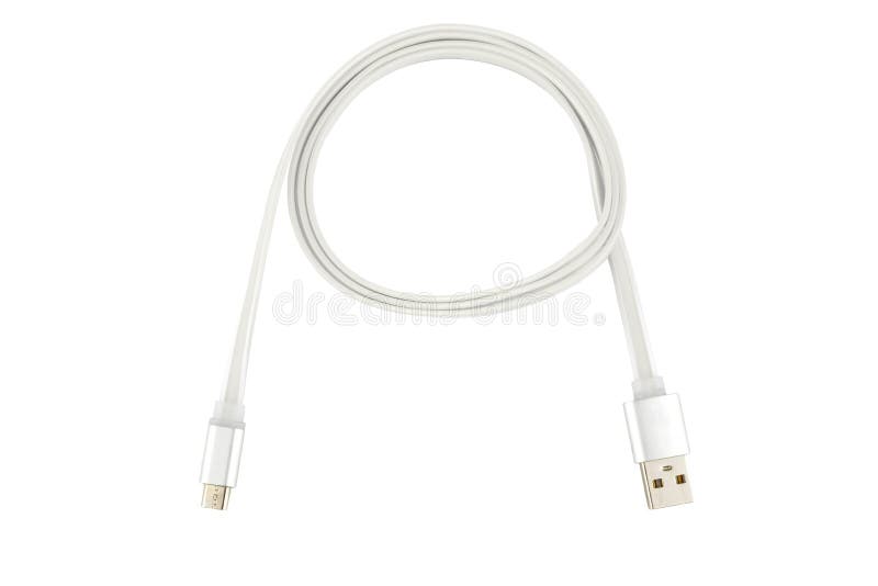 Biały Usb kabel przekręcał w pierścionek na białym odosobnionym tle, Horyzontalna rama zdjęcia stock Biały Usb kabel przekręcał w pierścionek na białym odosobnionym tle, Horyzontalna rama zdjęcia stock