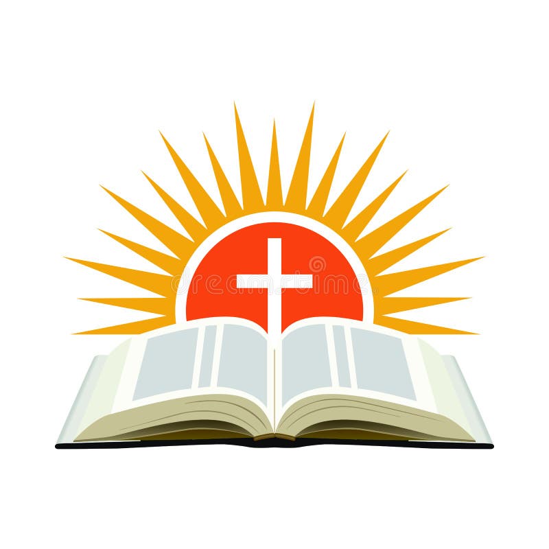 Bibel, Sonnenuntergang und Kreuz Kirchenlogokonzept Lokalisiert auf Weiß stock abbildung Bibel, Sonnenuntergang und Kreuz Kirchenlogokonzept Lokalisiert auf Weiß stock abbildung