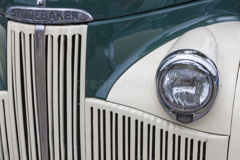 Biberach, Germany, 31 August 2015: American vintage car, close-up of Studebaker front detail