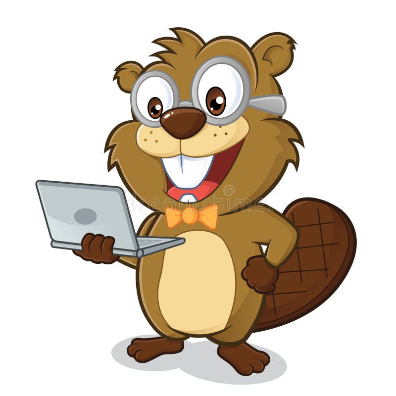 Clipart picture of a beaver geek cartoon character holding laptop. Clipart picture of a beaver geek cartoon character holding laptop