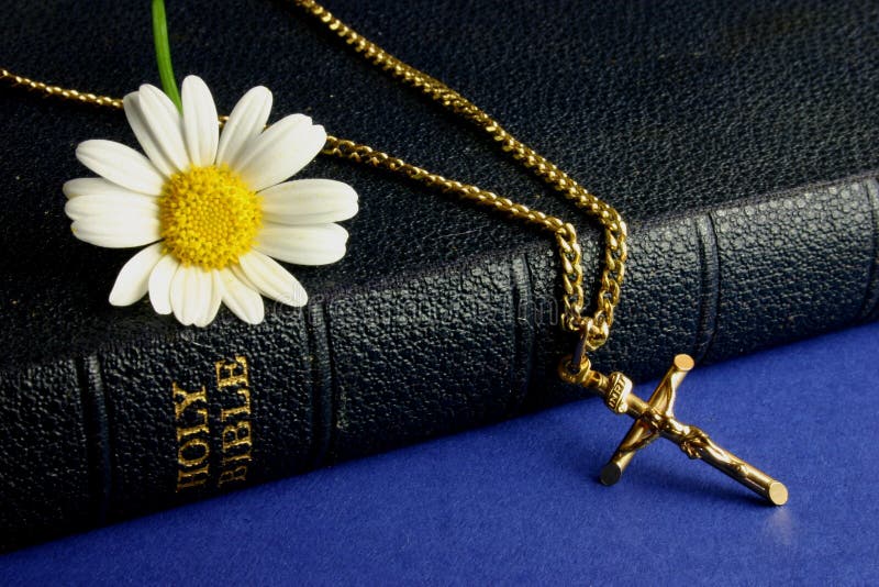 Old bible, with gold crucifix and daisy. Old bible, with gold crucifix and daisy
