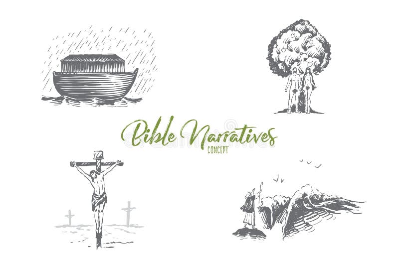 Bible narratives - Noahs ark, Adam and Eve, Jesus Christ vector concept set stock illustration Bible narratives - Noahs ark, Adam and Eve, Jesus Christ vector concept set stock illustration