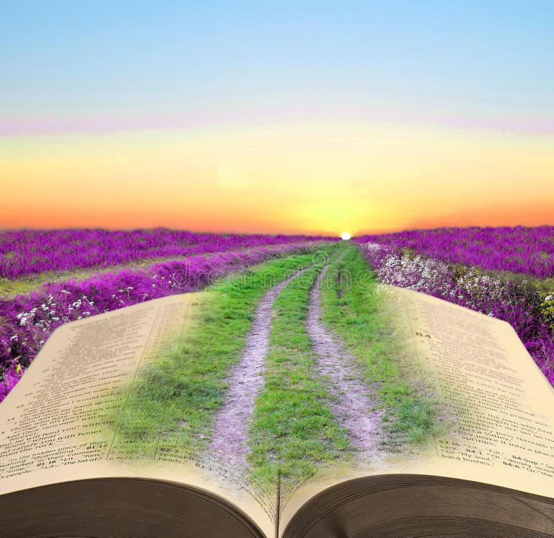 Conceptual photo of pathway leading through open bible pages to a rising sun...depicting spiritual light etc!. Conceptual photo of pathway leading through open bible pages to a rising sun...depicting spiritual light etc!