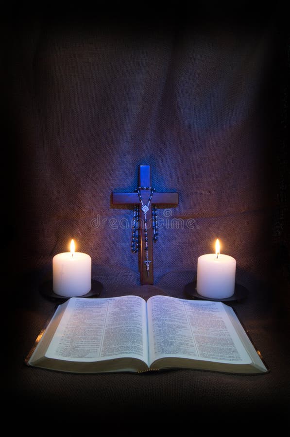 Bible, Rosary, Crucifix and Two Candles stock image Bible, Rosary, Crucifix and Two Candles stock image