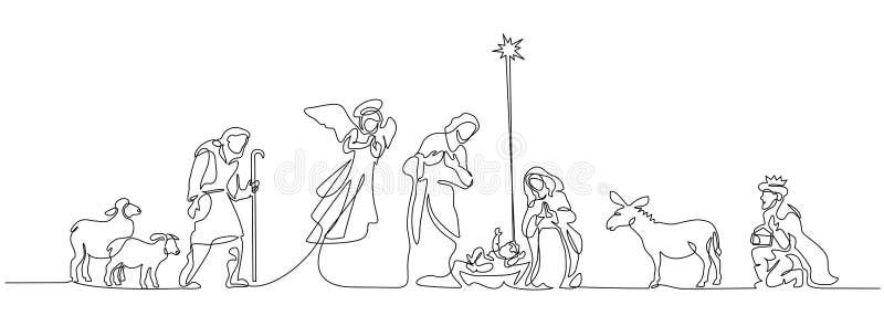Continuous one line drawing. Bible Merry christmas scene of holy family. Vector illustration. Continuous one line drawing. Bible Merry christmas scene of holy family. Vector illustration