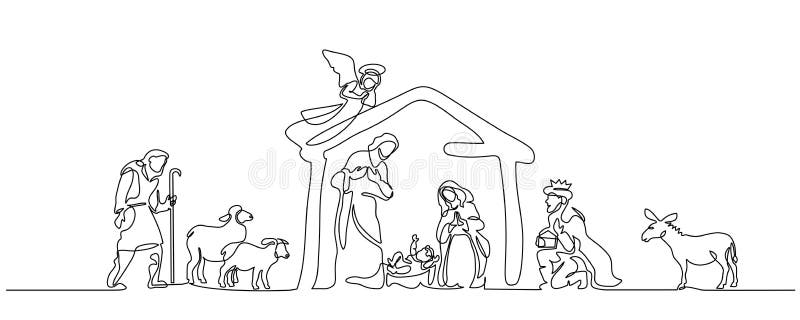 Continuous one line drawing. Bible Merry christmas scene of holy family. Vector illustration. Continuous one line drawing. Bible Merry christmas scene of holy family. Vector illustration