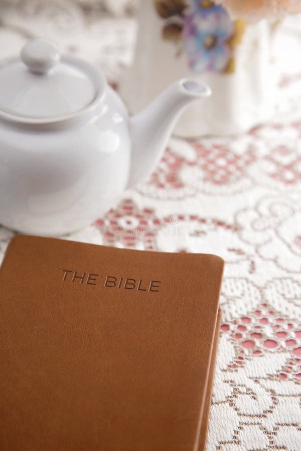 Bible Set Out with Tea for a Ladies Bible Study Stock Photo Image of