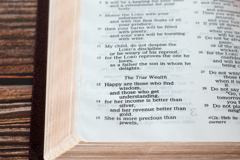 Bible Verse about True Wealth (wisdom) in Proverbs Book Stock Image