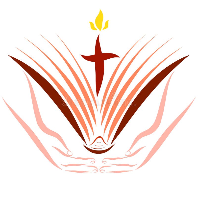 Biblia abierta con una cruz y llama en manos ilustración del vector Biblia abierta con una cruz y llama en manos ilustración del vector