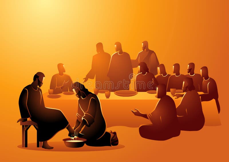 Jesus washing apostles feet on Maundy Thursday. Biblical vector illustration series, Jesus washing apostles feet. Maundy Thursday royalty free illustration