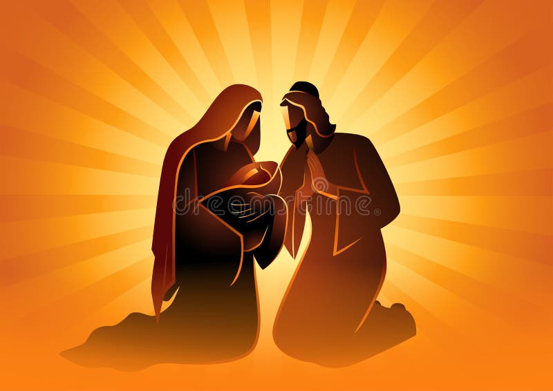Biblical vector illustration series, nativity scene of The Holy Family. Mary and Joseph with baby Jesus. Christmas theme. Biblical vector illustration series, nativity scene of The Holy Family. Mary and Joseph with baby Jesus. Christmas theme