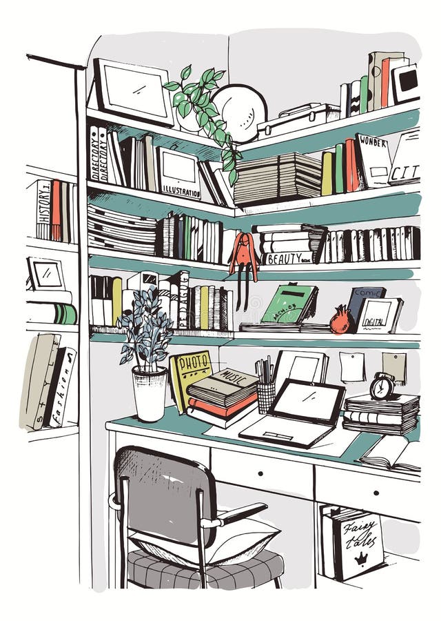 Biblioteca casera interior moderna, estantes, ejemplo colorido dibujado mano del bosquejo del lugar de trabajo libre illustration Biblioteca casera interior moderna, estantes, ejemplo colorido dibujado mano del bosquejo del lugar de trabajo libre illustration