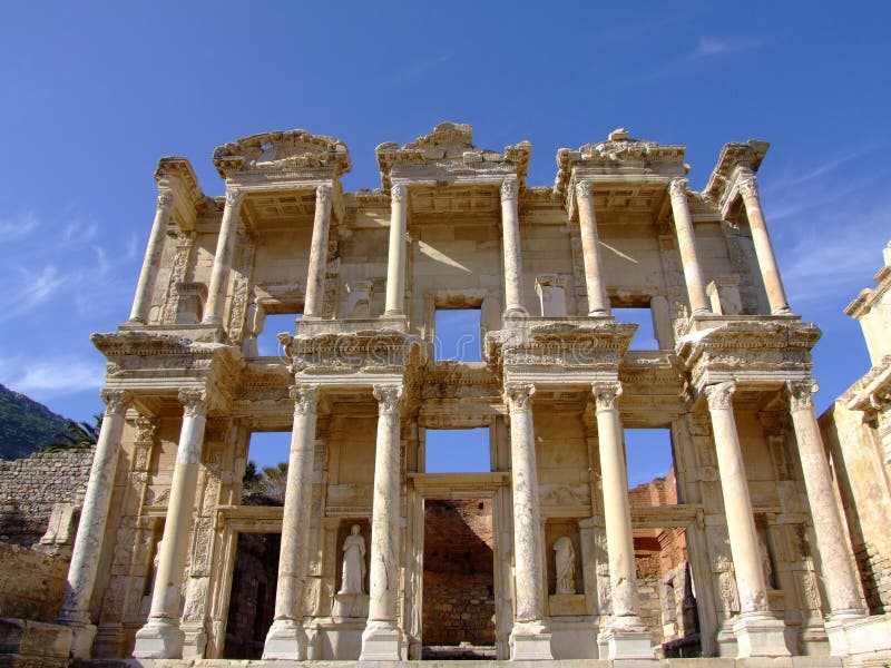 Celsius Library in the ancient city of ephesus in Turkey. Ephesus is an ancient Ionian Greek city; its ruins lie near the modern village of Selcuk in West Turkey.The celsius library was built by the Consul Gaius Julius Aquila in 135 AD. Celsius Library in the ancient city of ephesus in Turkey. Ephesus is an ancient Ionian Greek city; its ruins lie near the modern village of Selcuk in West Turkey.The celsius library was built by the Consul Gaius Julius Aquila in 135 AD.