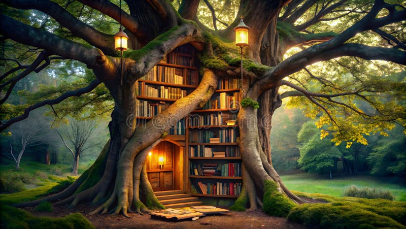 Bibliothèque avec livres dans une forêt magique. abstraction ancienne bibliothèque dans arbre avec livre illustration libre de droits