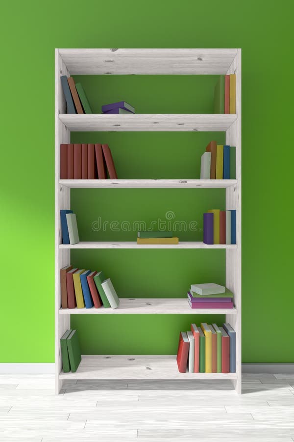Bibliothèque en bois blanche avec beaucoup de livres, mur vert