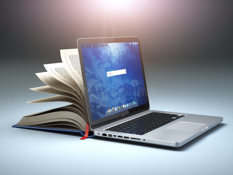 Bibliothèque en ligne ou concept d'apprentissage en ligne Ouvrez le compi d'ordinateur portable et de livre