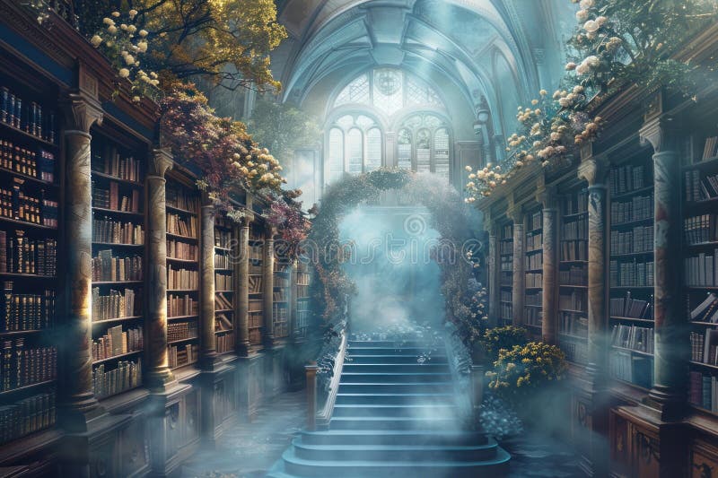 Bibliothèque enchanteresse avec escalier bleu et arcs fleuris. Une bibliothèque décorée de bibliothèques vertigineuses et lumineuses se transforme en espace mystique avec une arcade fleurie et un escalier menant à une destination inconnue fond de papier peint raffiné