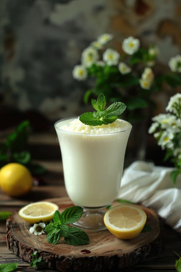 Bicchiere di latte su un tavolo con menta fresca. fotografia di chiusura con sfondo sfuocato illustrazione di stock