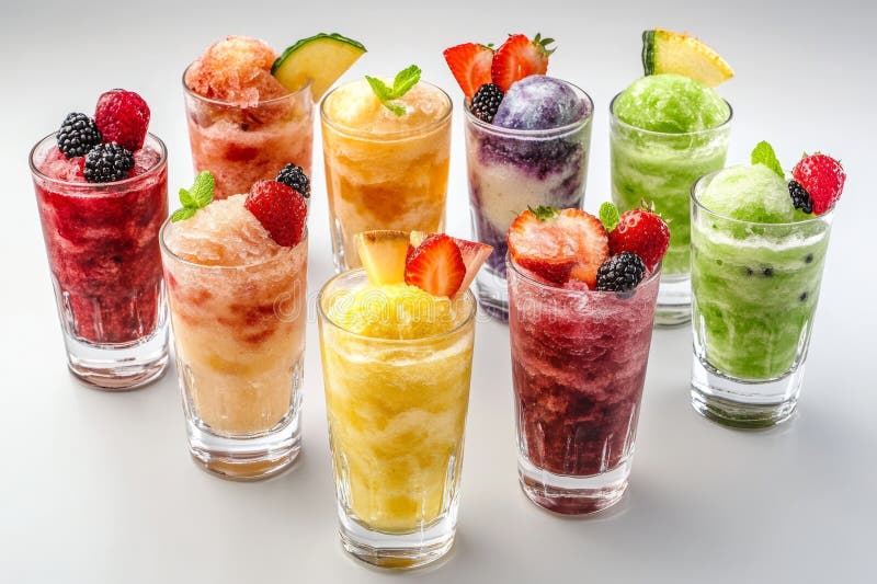 In bicchieri chiari è presentata una colorata assortimento di fecondità in diversi sapori. Ogni salsa è ricoperta di vernici immagine stock