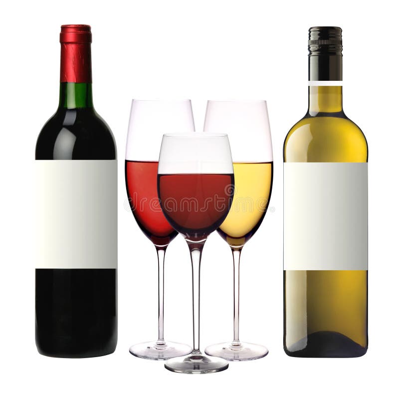 Bicchieri di vino con vino rosso e bianco e le bottiglie isolati fotografia stock libera da diritti