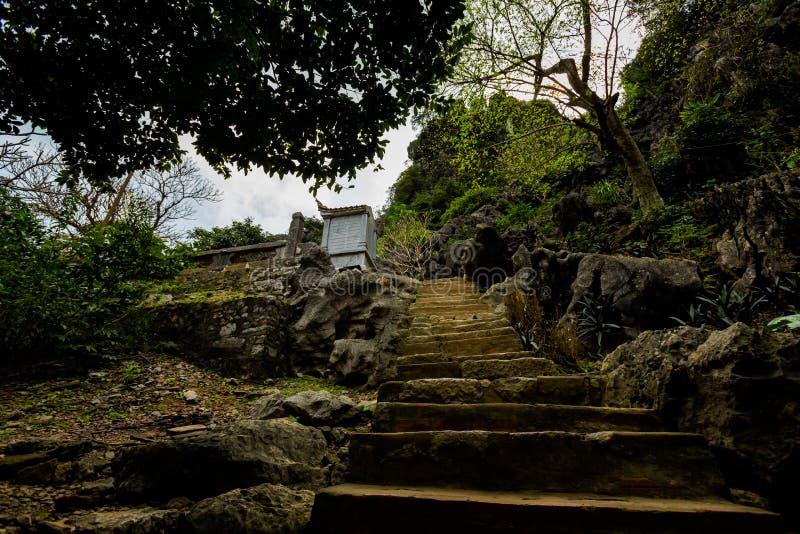 Premium Photo  Lone tourist with traditional vietnamese hat at bich dong  pagoda entrance gate, ninh binh vietnam, buddhist temple set amid jungle  and karst mountain range. traveling alone, keep social distancing.