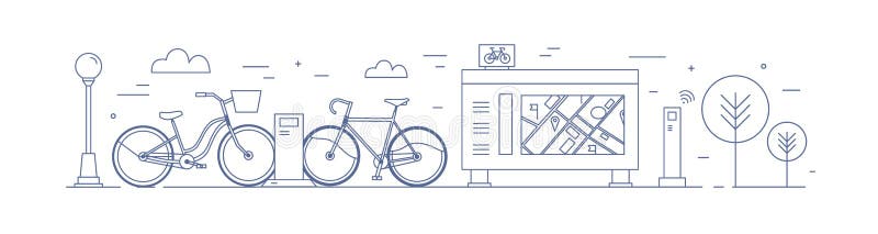 Public bike sharing zone with bicycles available for rent parked at docking stations on street, payment terminals, map stand drawn with contour lines. Monochrome vector illustration in linear style. Public bike sharing zone with bicycles available for rent parked at docking stations on street, payment terminals, map stand drawn with contour lines. Monochrome vector illustration in linear style