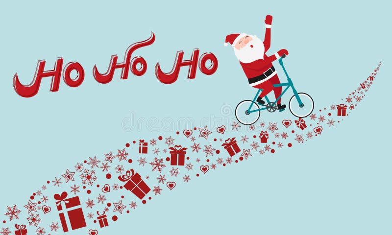Bicicleta da equitação de Santa Claus na maneira do presente HO-HO-HO Merry Christmas ilustração stock Bicicleta da equitação de Santa Claus na maneira do presente HO-HO-HO Merry Christmas ilustração stock