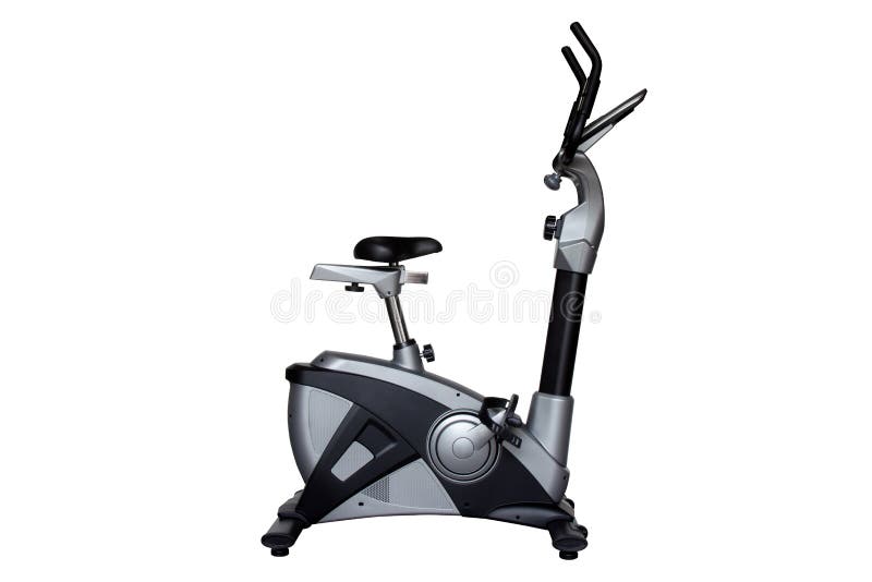 Bicicleta ereta para o exercício no gym ou a aptidão isolada no fundo branco imagem de stock Bicicleta ereta para o exercício no gym ou a aptidão isolada no fundo branco imagem de stock