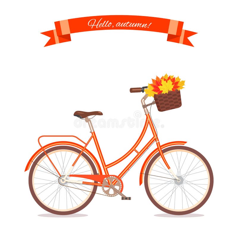 Bicicleta retro alaranjada com as folhas de outono na cesta floral e na caixa no tronco Bicicleta da cor isolada no fundo branco ilustração royalty free Bicicleta retro alaranjada com as folhas de outono na cesta floral e na caixa no tronco Bicicleta da cor isolada no fundo branco ilustração royalty free
