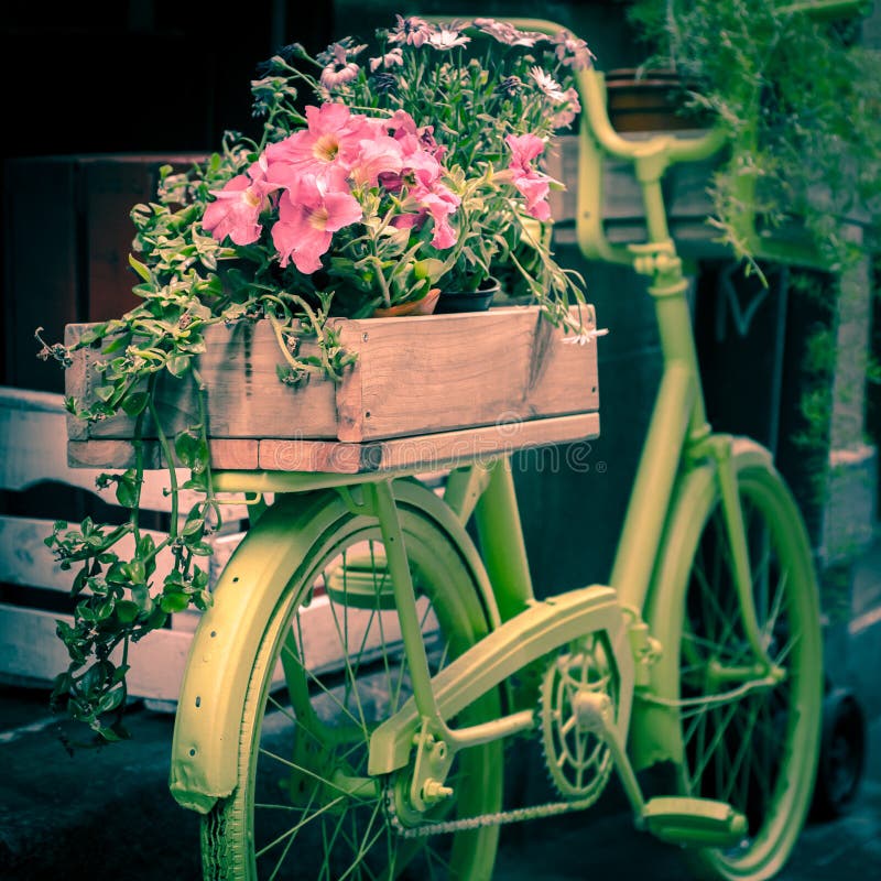 A bicicleta velha converteu em um potenciômetro de flor fotos de stock A bicicleta velha converteu em um potenciômetro de flor fotos de stock