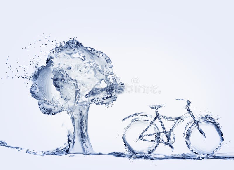 A bicycle made of water to represent environmentally-friendly transportation parked in front of tree. A bicycle made of water to represent environmentally-friendly transportation parked in front of tree.