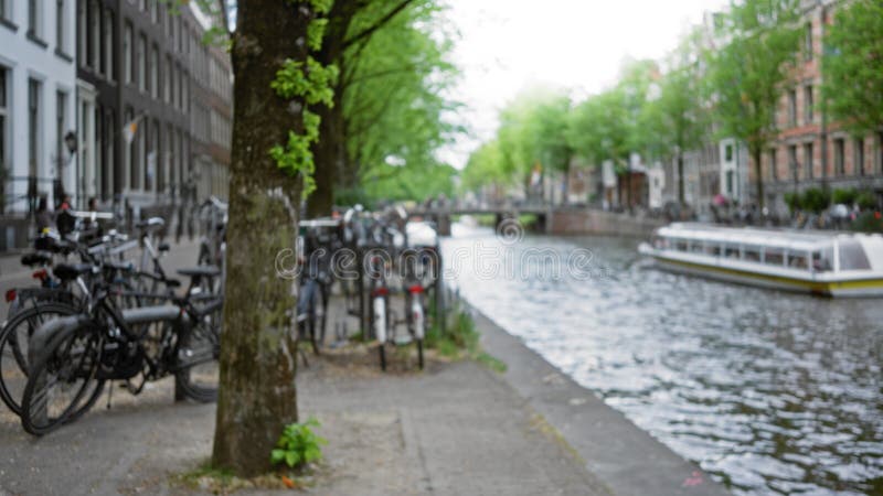 Bicicletas borrosas y árboles en el pintoresco canal de Ámsterdam capturando un paisaje urbano desenfocado y sereno, perfecto para fotografía de archivo libre de regalías
