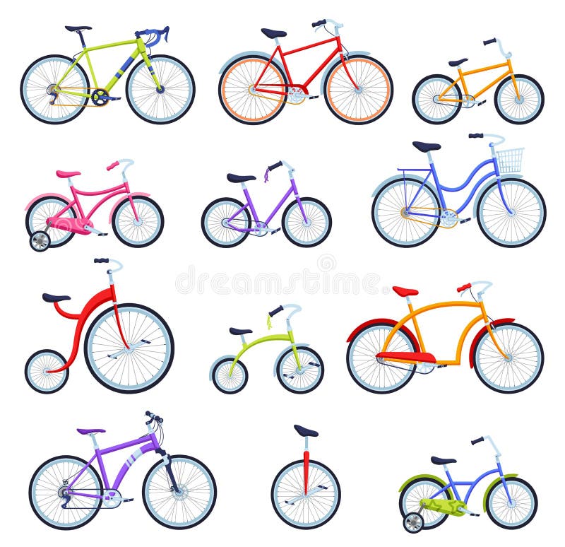  Bicicletas De Dibujos Animados. Diferentes Tipos De Bicicletas Para Niños Y Adultos Ciclismo De Ciudad Bicicleta Bicicleta Y Conju Ilustración del Vector