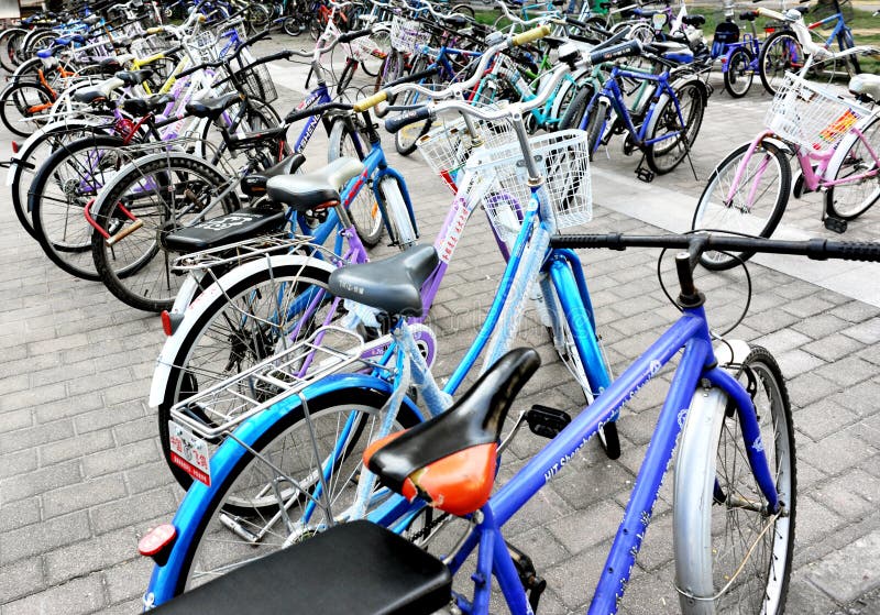 Bicicletas que estacionan al lado de la biblioteca imagenes de archivo Bicicletas que estacionan al lado de la biblioteca imagenes de archivo